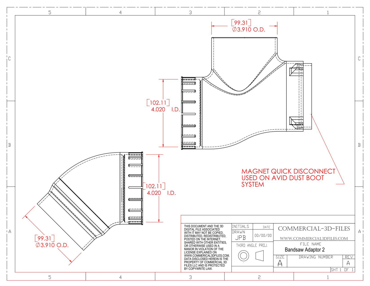 FOUR INCH HOSE ADAPTER FOR VERTICAL BANDSAW - JET - .stl files for 3d printing