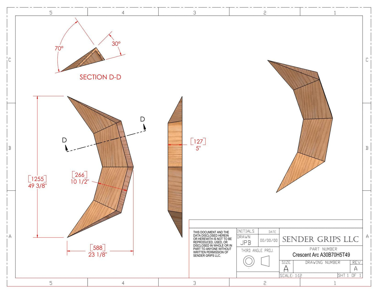 Crescent Arc Shallow Inside x Steep Outside (X-Large) 49" Long (1245mm) x 5"(127mm) Climbing Volume Plans
