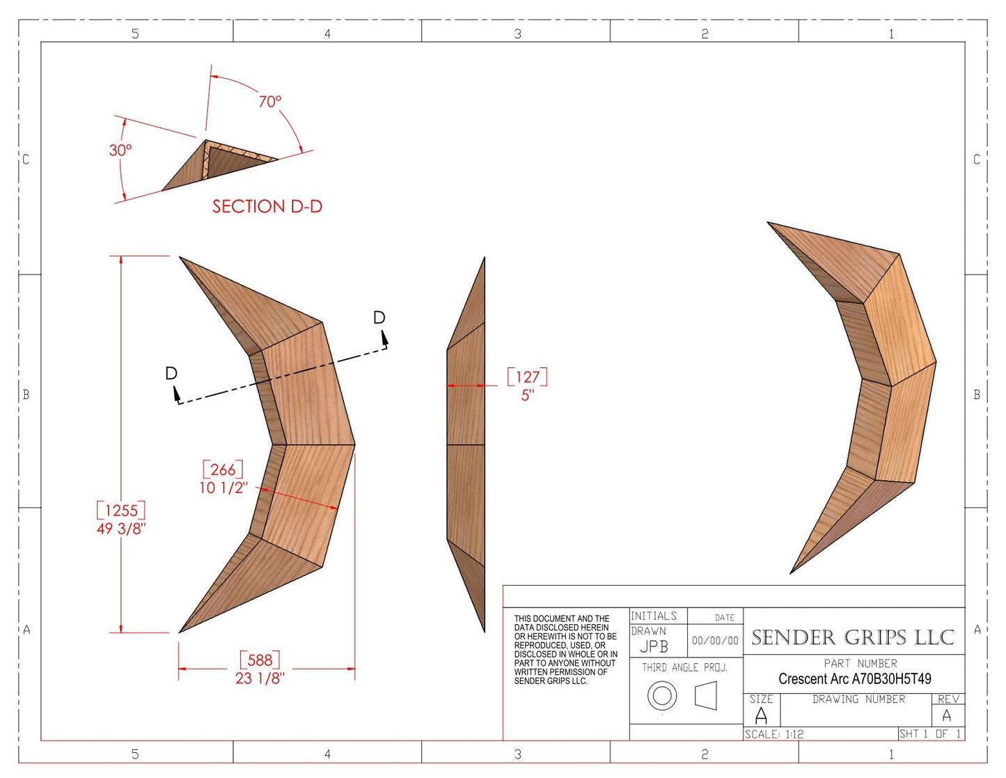Crescent Arc Steep Inside x Shallow Outside (X-Large) 49" Long (1245mm) x 5"(127mm) Climbing Volume Plans