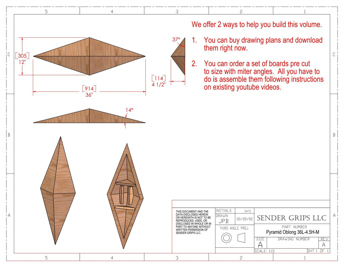 Pyramid Oblong Climbing Volume (Medium) 36"(914mm) long x 4.5"(114mm) Low Plans