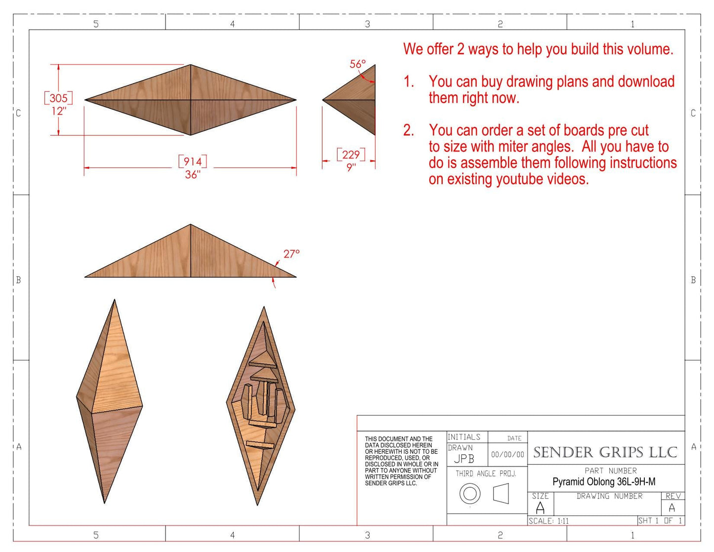 Pyramid Oblong Climbing Volume (Medium) 36"(914mm) long x 9"(229mm) Tall Plans