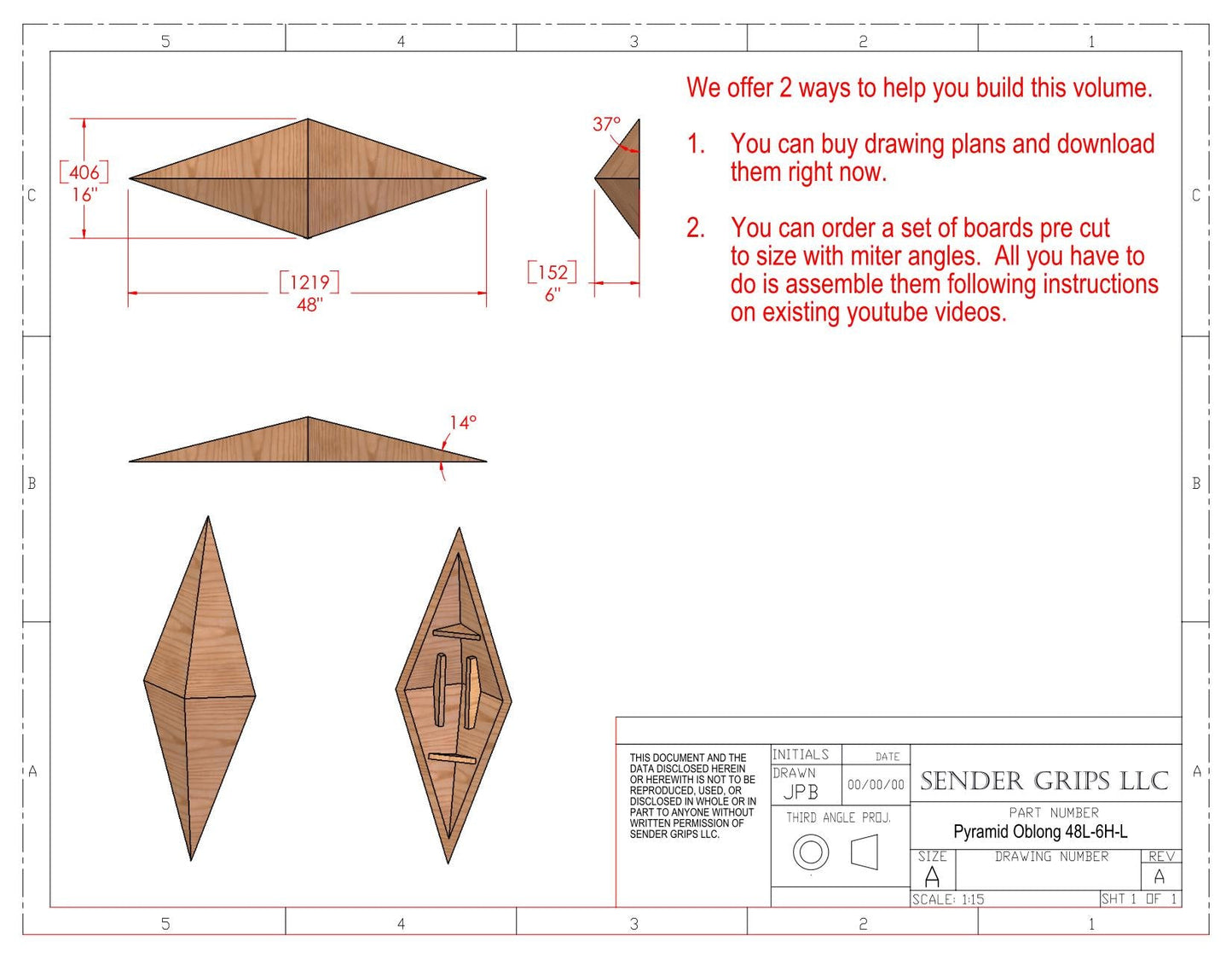Pyramid Oblong Climbing Volume (Large) 48"(1219mm) long x 6"(152mm) Low Plans