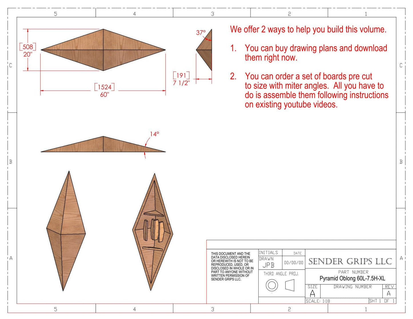 Pyramid Oblong Climbing Volume (X Large) 60"(1524mm) long x 7.5"(191mm) Low Plans