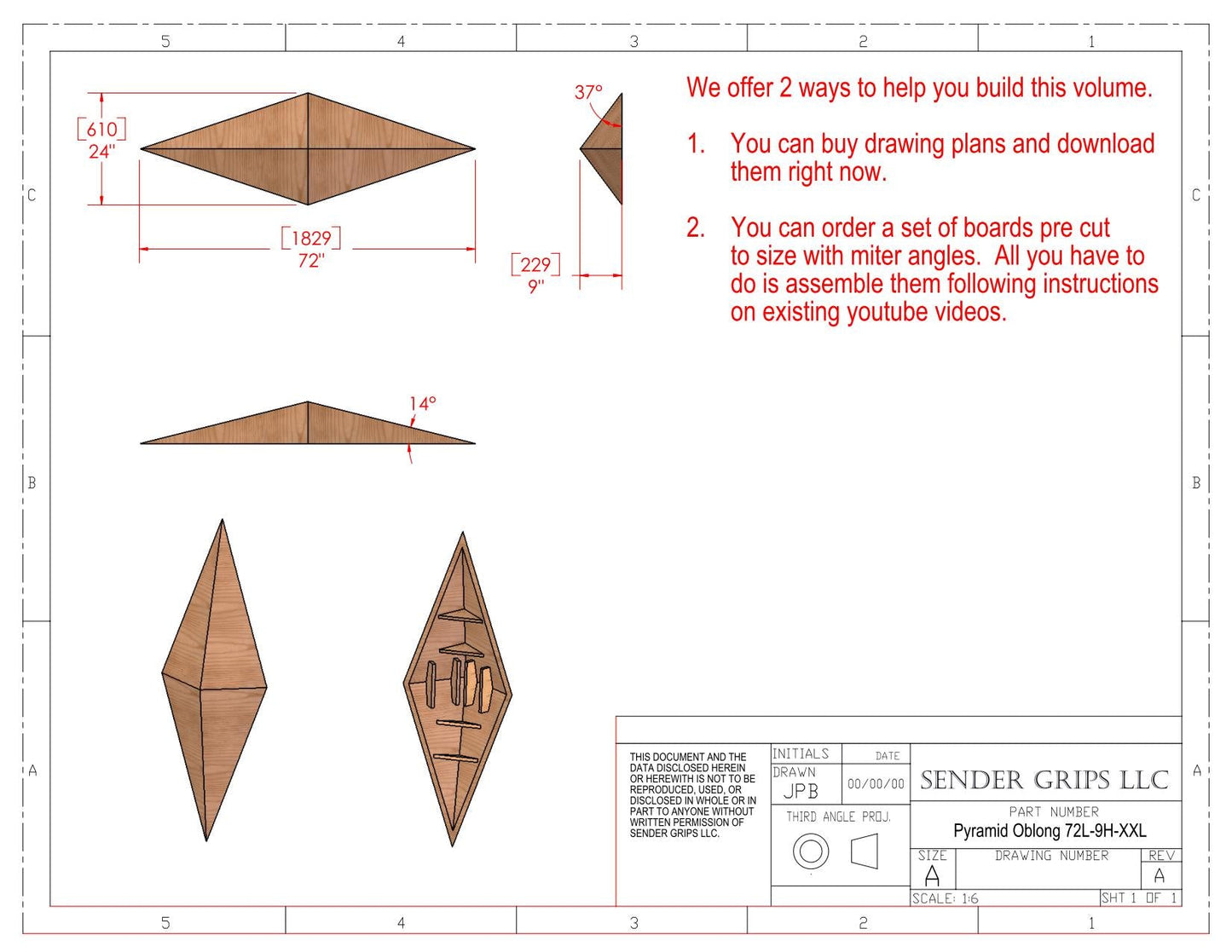 Pyramid Oblong Climbing Volume (XX Large) 72"(1829mm) long x 9"(229mm) Low Plans