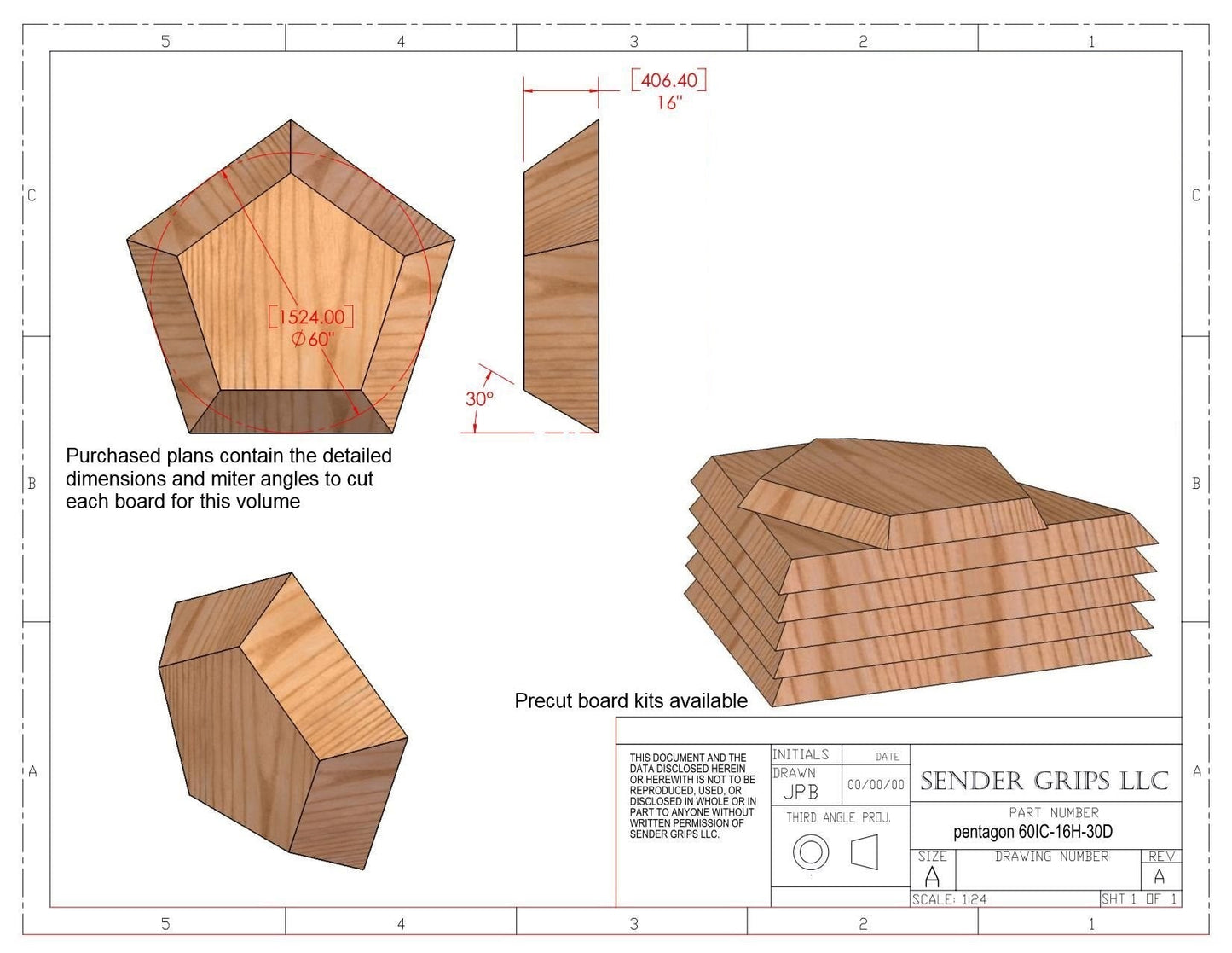 Pentagonal Flat Top Volume (X Large) 60"(1524mm) Dia. x 16"(406mm) tall x 30 Deg Sides Plans