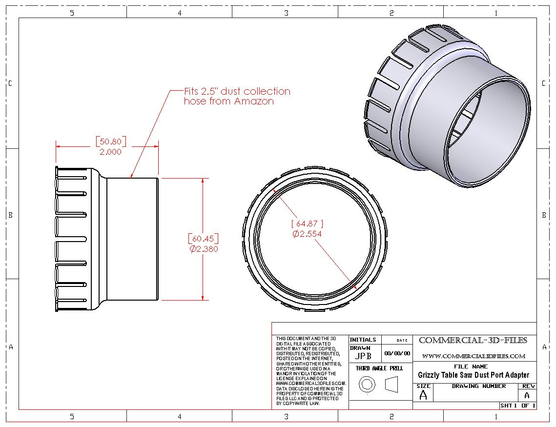 Dust port adaptor for Grizzly G0869 10" 2 HP Benchtop Table Saw - .STL FILE FOR 3D PRINTING