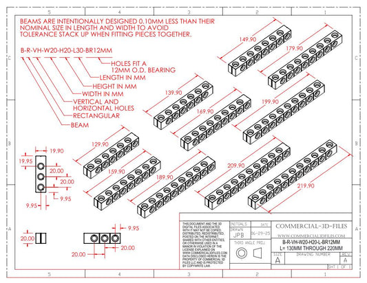 GEARBLOCS STANDARD BEAM 20mmX20mm in LENGTHS FROM 130MM TO 220MM - B-R-VH-W20-H20-L130-220-BR12MM