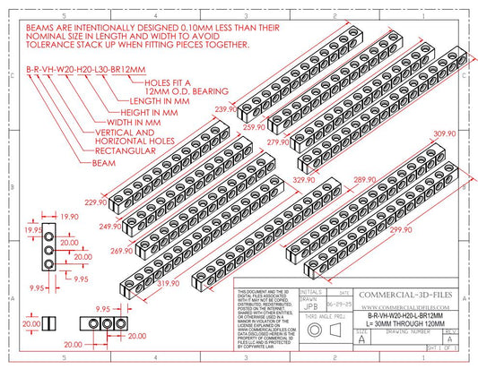 GEARBLOCS STANDARD BEAM 20mmX20mm in LENGTHS FROM 230MM TO 330MM - B-R-VH-W20-H20-L230-330-BR12MM