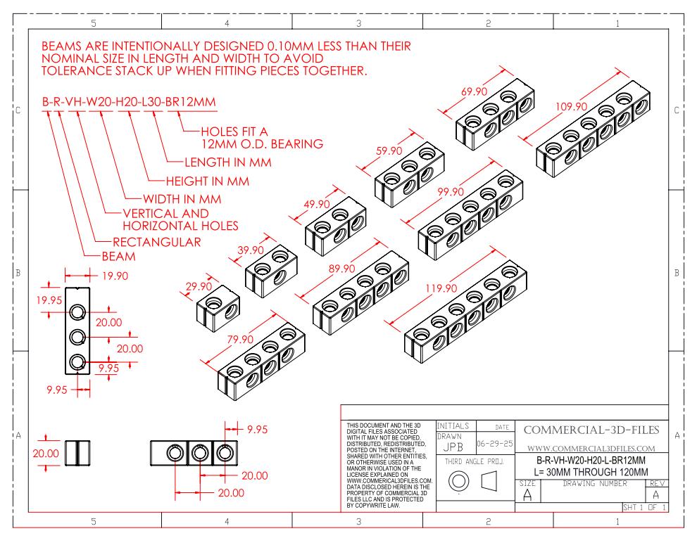 GEARBLOCS STANDARD BEAM 20mmX20mm in LENGTHS FROM 30MM TO 120MM - B-R-VH-W20-H20-L30-120-BR12MM