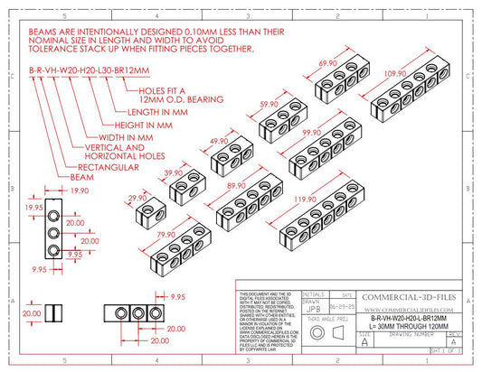 GEARBLOCS STANDARD BEAM 20mmX20mm in LENGTHS FROM 30MM TO 120MM - B-R-VH-W20-H20-L30-120-BR12MM