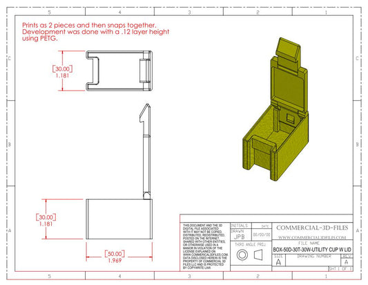 UTILITY STORAGE BOX WITH SNAP LID-50D-30T-30W- .STL FILE FOR 3D PRINTING