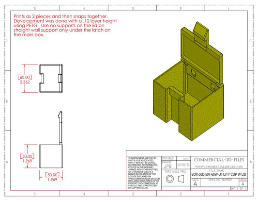 UTILITY STORAGE BOX WITH SNAP LID-50D-50T-60W- .STL FILE FOR 3D PRINTING