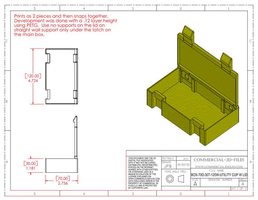 UTILITY STORAGE BOX WITH SNAP LID-70D-30T-120W- .STL FILE FOR 3D PRINTING