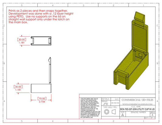 UTILITY STORAGE BOX WITH SNAP LID-70D-30T-30W- .STL FILE FOR 3D PRINTING