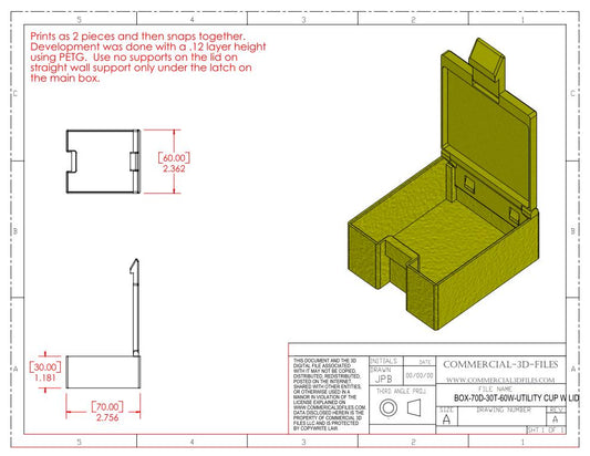 UTILITY STORAGE BOX WITH SNAP LID-70D-30T-60W- .STL FILE FOR 3D PRINTING