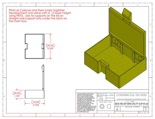 UTILITY STORAGE BOX WITH SNAP LID-70D-30T-90W- .STL FILE FOR 3D PRINTING