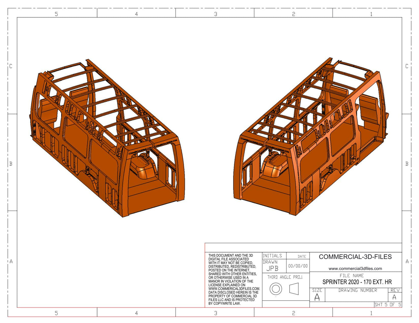 3D Solid Model – 170 EXTENDED High Roof 2020 Mercedes Sprinter Van | Fully Parametric CAD Model for Van Conversion Design (Not STL or Mesh)