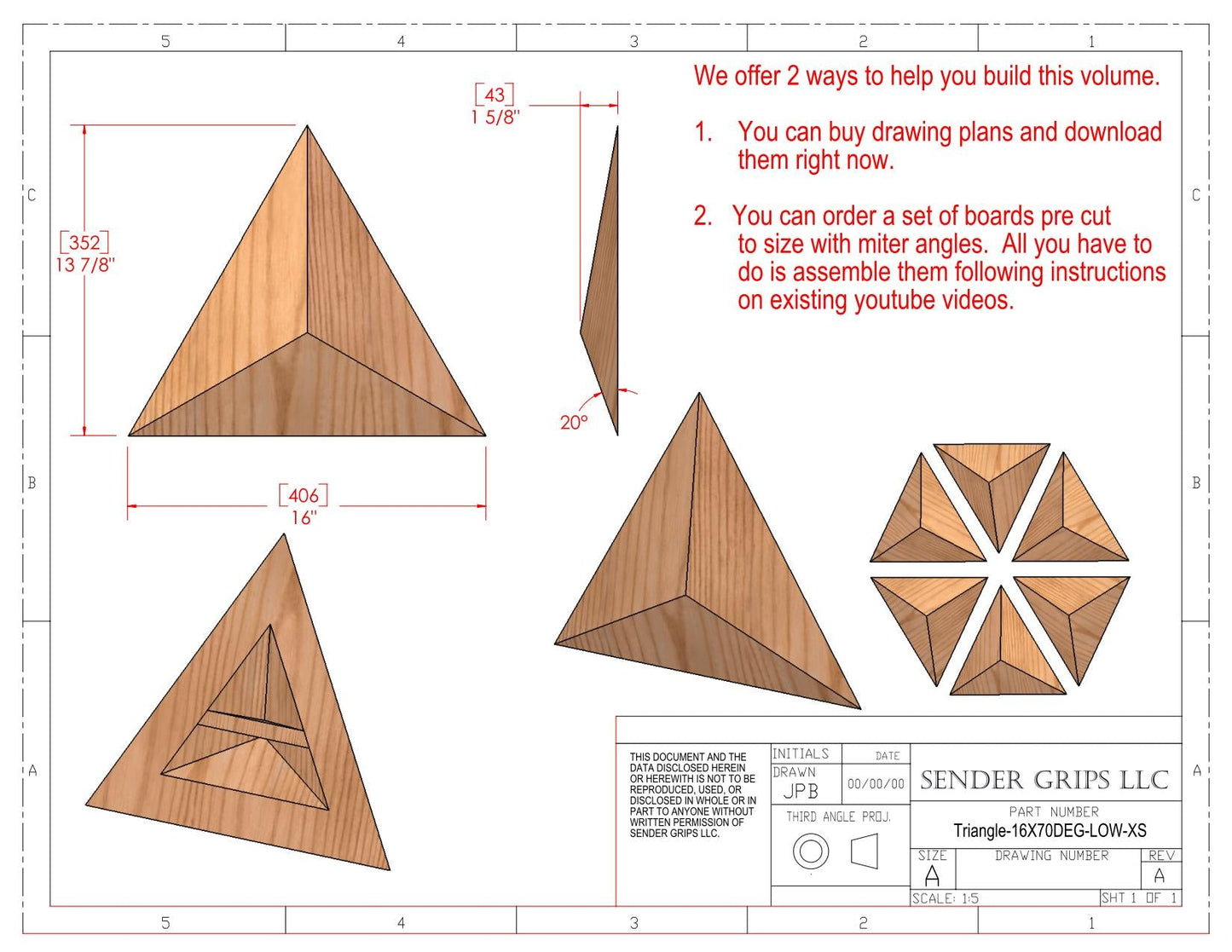 Triangular Pyramid Climbing Volume (X Small)  16"(406mm) side x 70 deg Low Height Plans