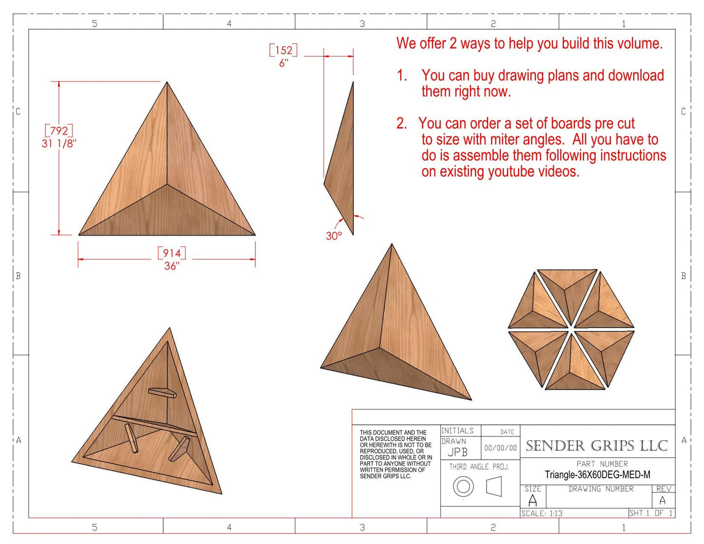 Triangular Pyramid Climbing Volume (Medium)  36"(914mm) side x 60 deg Medium Height Plans