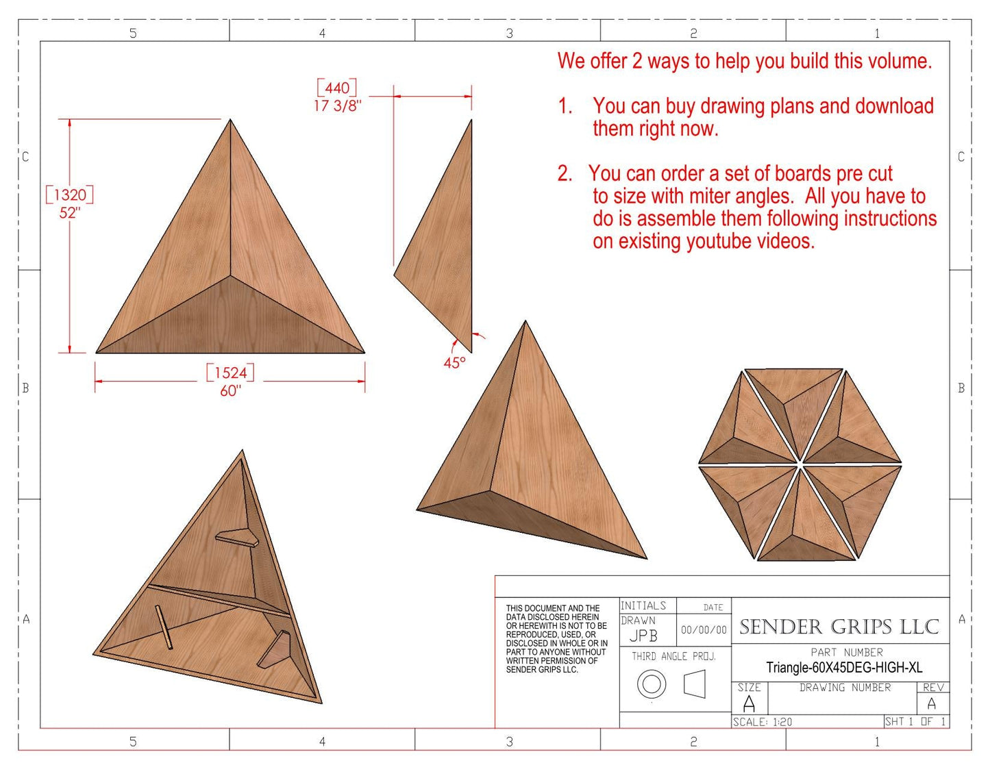 Triangular Pyramid Climbing Volume (X Large)  60"(1524mm) side x 45 deg Tall Height Plans