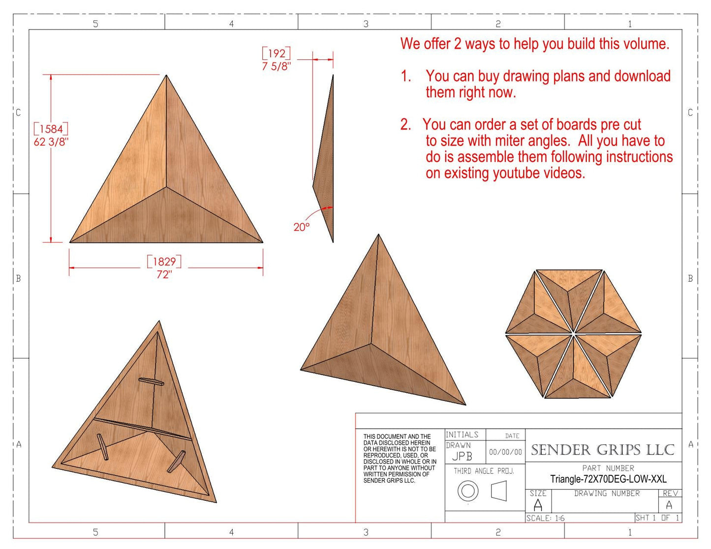 Triangular Pyramid Climbing Volume (XX Large)  72"(1829mm) side x 70 deg Low Height Plans