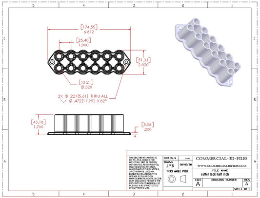 TOOL HOLDER OR CUTTER RACK FOR 1/2" DIA. TOOLS - .STL FILE