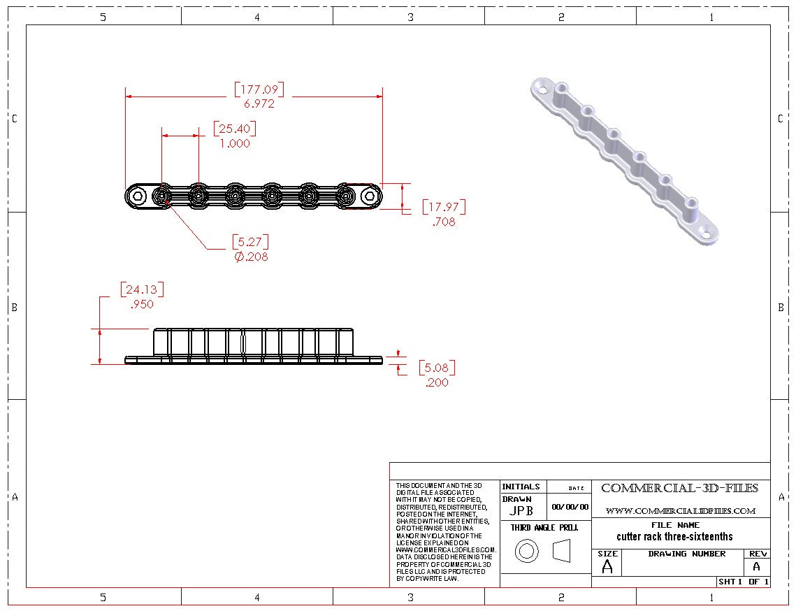 TOOL HOLDER OR CUTTER RACK FOR 3/16" DIA. TOOLS - .STL FILE