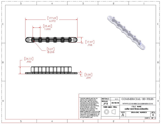 TOOL HOLDER OR CUTTER RACK FOR 3/16" DIA. TOOLS - .STL FILE