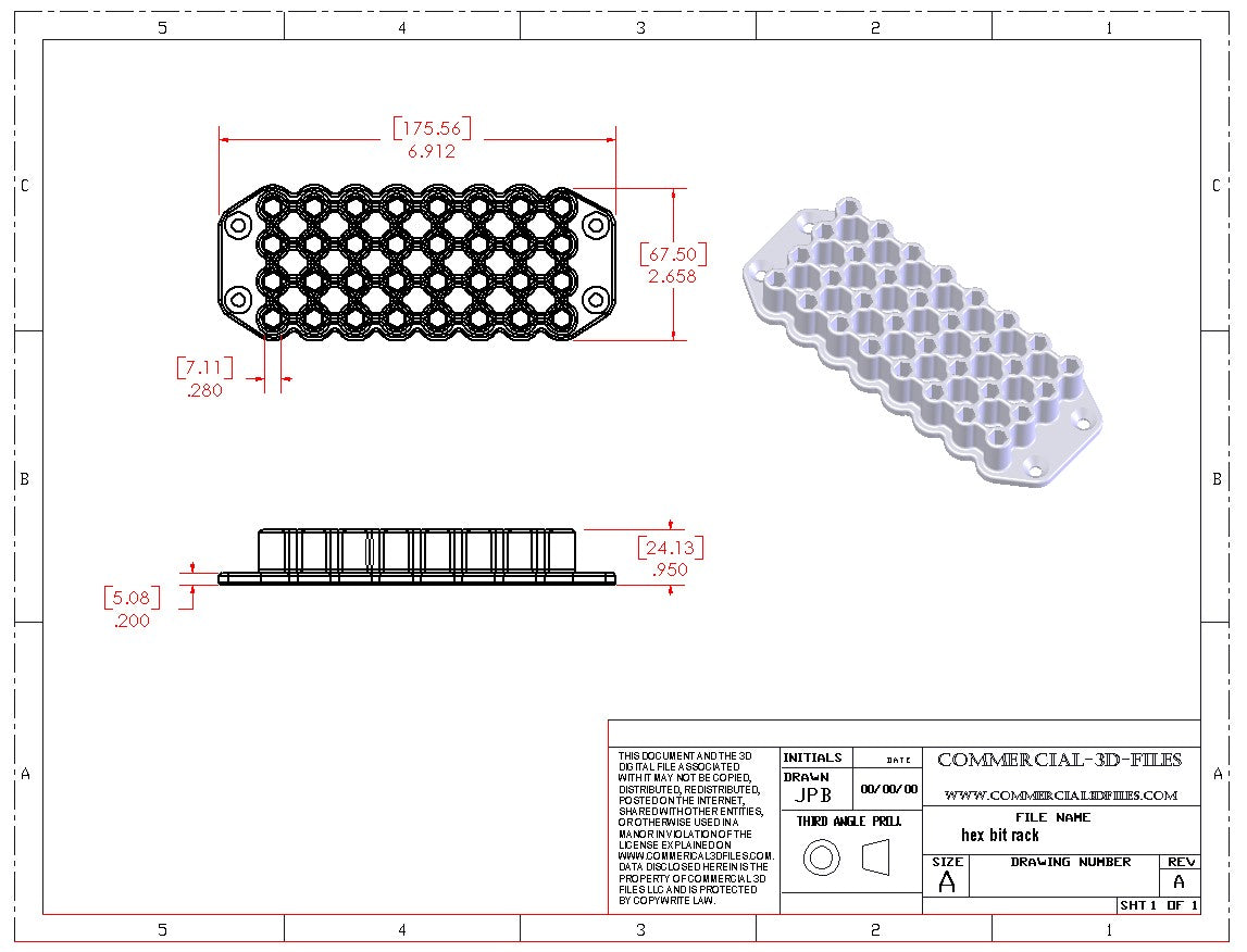 TOOL HOLDER OR RACK FOR 1/4" HEX BITS - .STL FILE