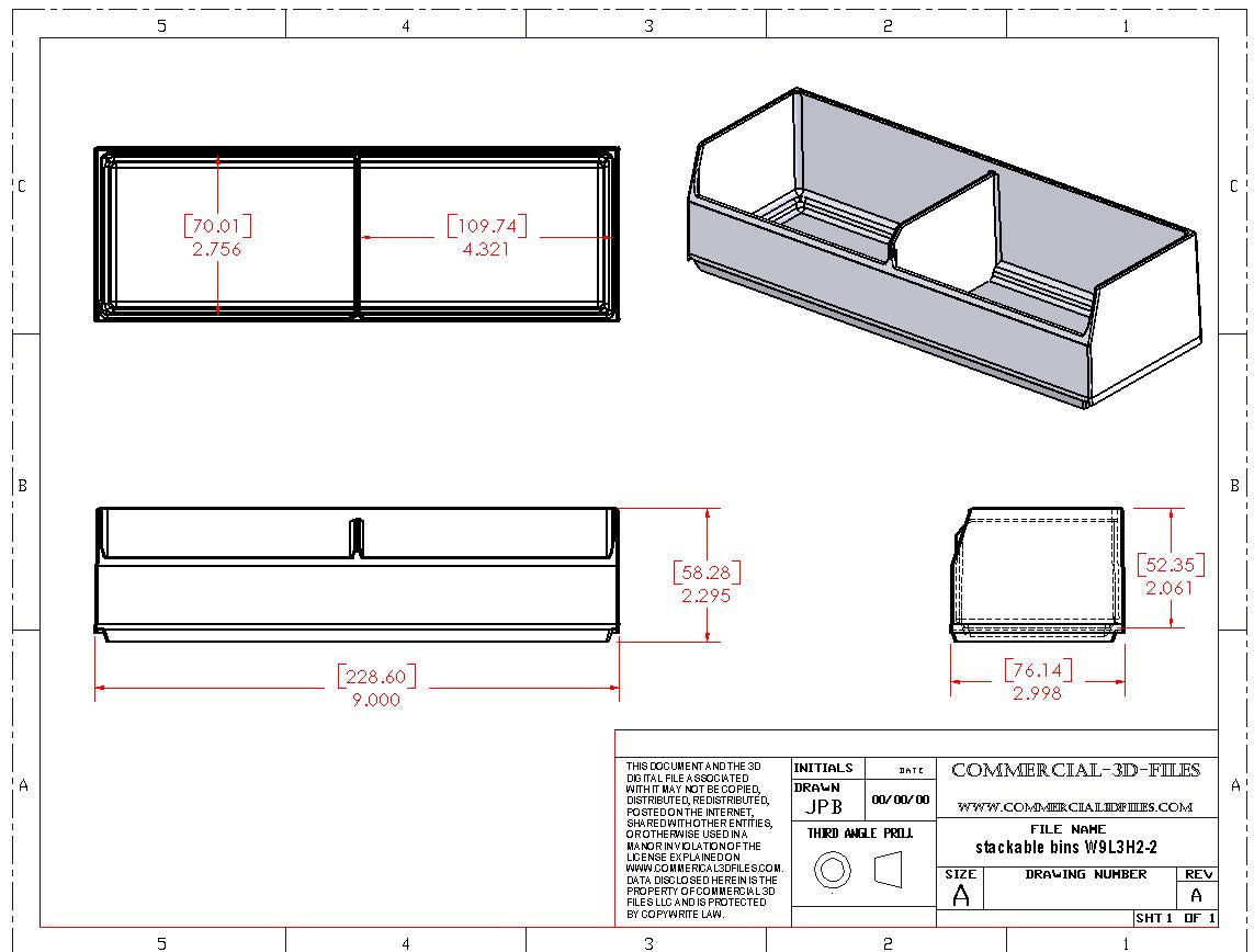 2 POCKET BIN-9"W X 3"D-STACKABLE- .STL FILE FOR 3D PRINTING